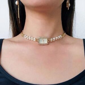 HANDMADE Gold Chain Faux Pearl “Working Watch” Clock Charm Choker Necklace
